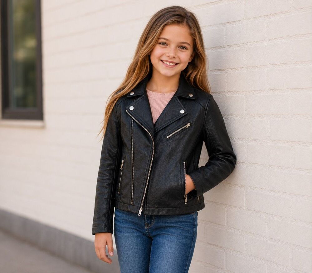 CI SONO by CAVALINI Kids Black Polyurethane/Faux Leather Zippered Jacket,Size 10